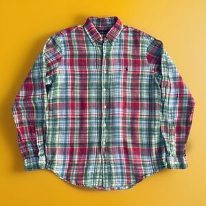 Ralph Lauren Men 100% Linen Madras Plaid Button Up Large Colorful Easter Spring